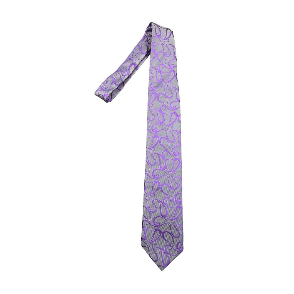 Ermenegildo Zegna Mens Tie Purple Gray Paisley Striped Silk Italy 59 in
